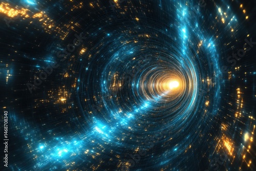 Exploring a vibrant hyperspace fractal tunnel with swirling blue lights and glowing particles, Hyperspace fractal sky tunnel 3d, seamless