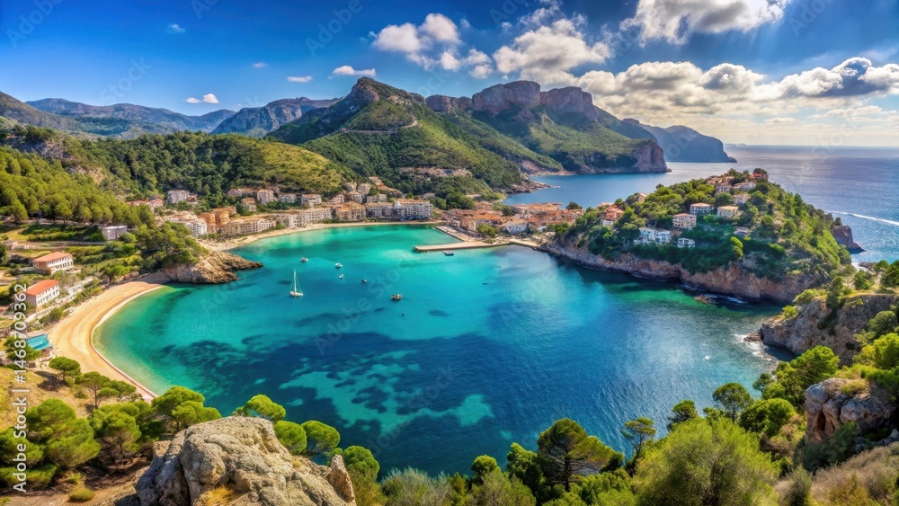Fototapeta premium Breathtaking panoramic view of Port de Soller in Mallorca, Spain's rugged coastline with turquoise waters and white sandy beach, rugged terrain, spain