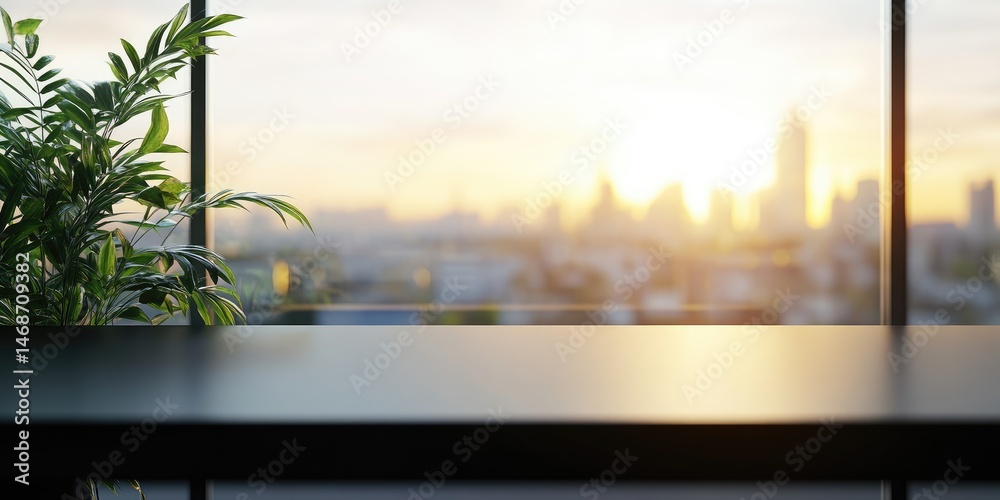 Sunrise cityscape view from sleek desk