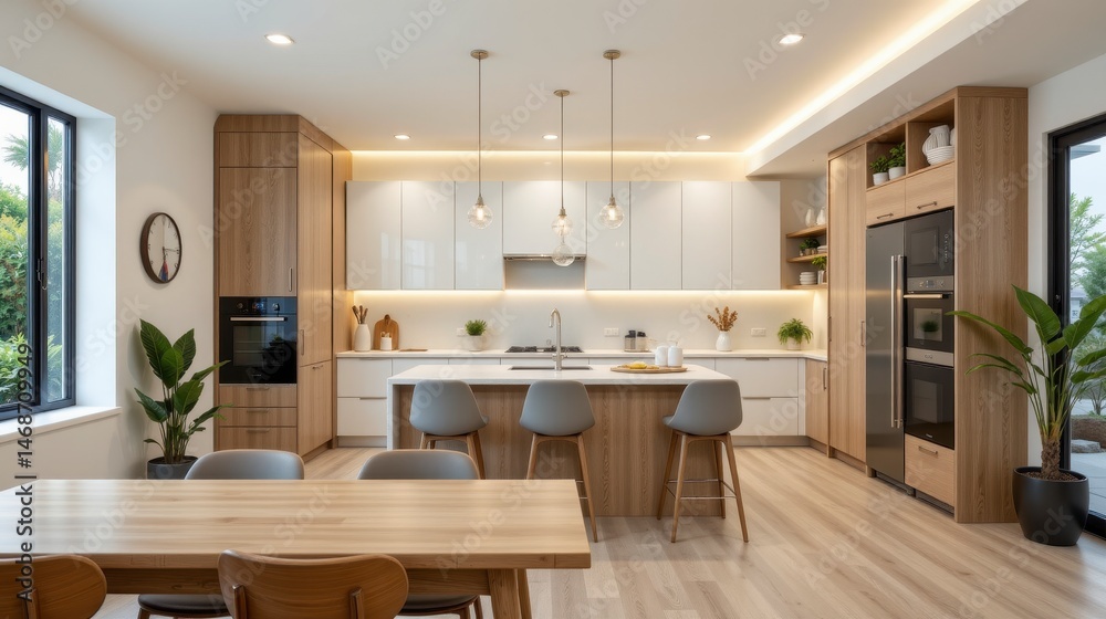 Fototapeta premium Modern kitchen interior design with wooden accents and contemporary appliances in a bright open space