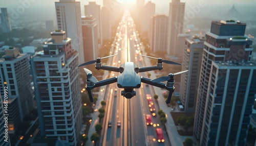 Drone Flying Over City Highway at Sunset