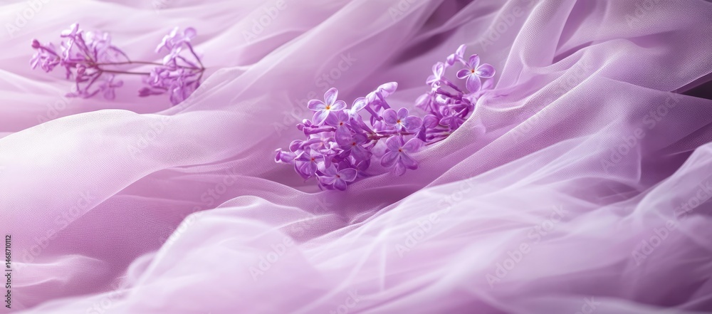 Delicate lilac blossoms rest on soft purple fabric