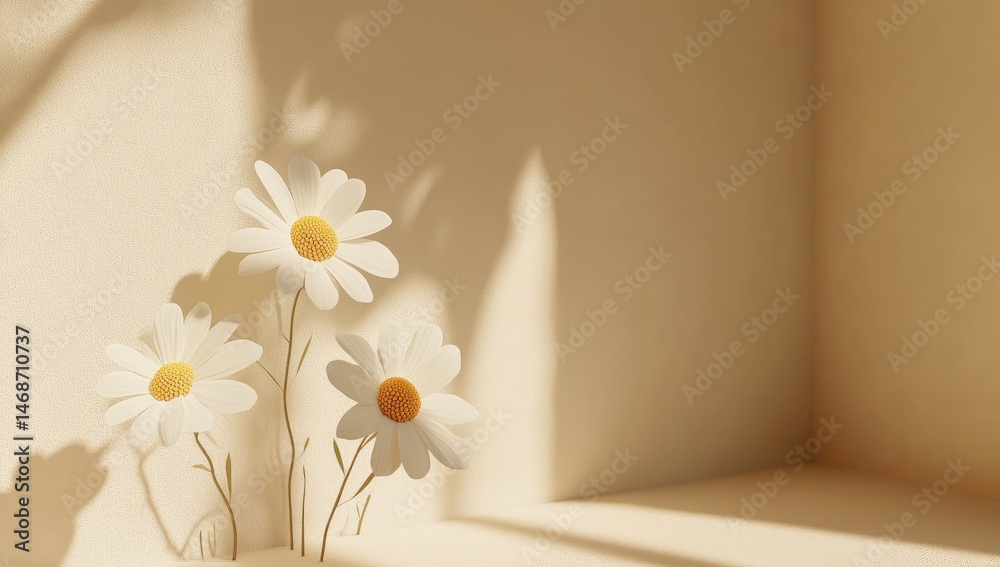Three daisies in sunlight against a beige backdrop