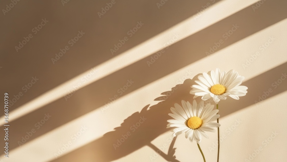 Two daisies bask in sunlight against a beige backdrop