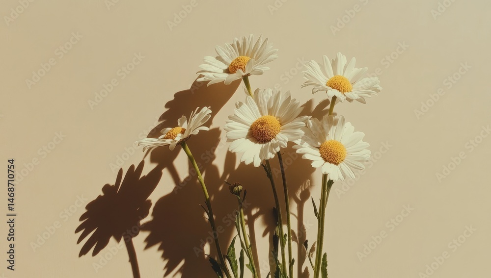 Five daisies cast dramatic shadows on a beige background