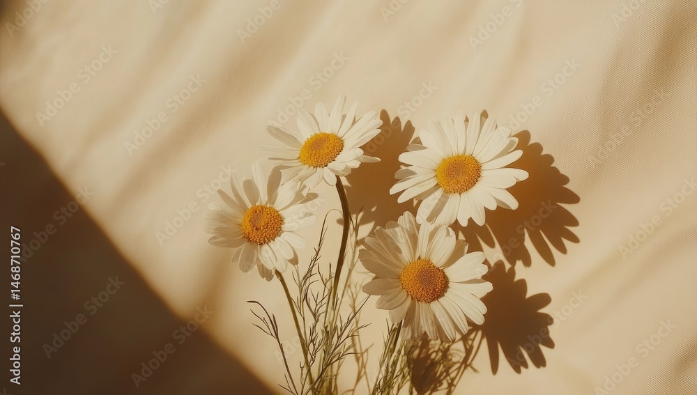 Sunlit daisies cast dramatic shadows on beige backdrop