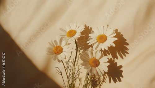 Obraz na płótnie Sunlit daisies cast dramatic shadows on beige backdrop w salonie