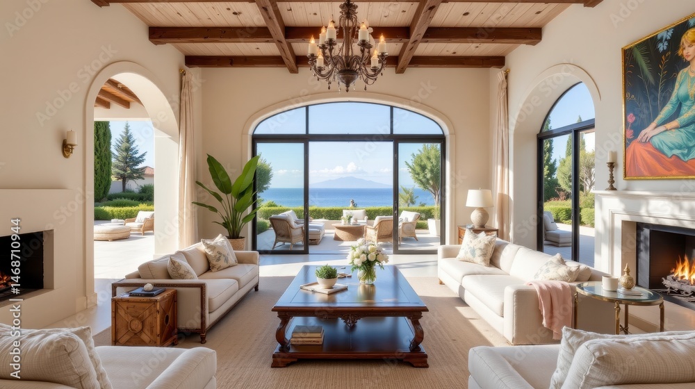 Fototapeta premium Elegant Living Room with Ocean View, Cozy Furnishings, and Natural Light in Luxurious Home Setting