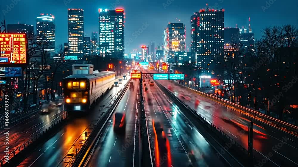 Night cityscape with highway traffic and illuminated skyscrapers