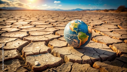 A cracked earth globe lies on dry cracked ground with visible fissures and splintered terrain, rugged surface, geological feature