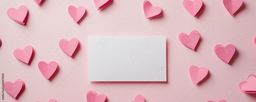 Blank card amidst pink hearts on pink background