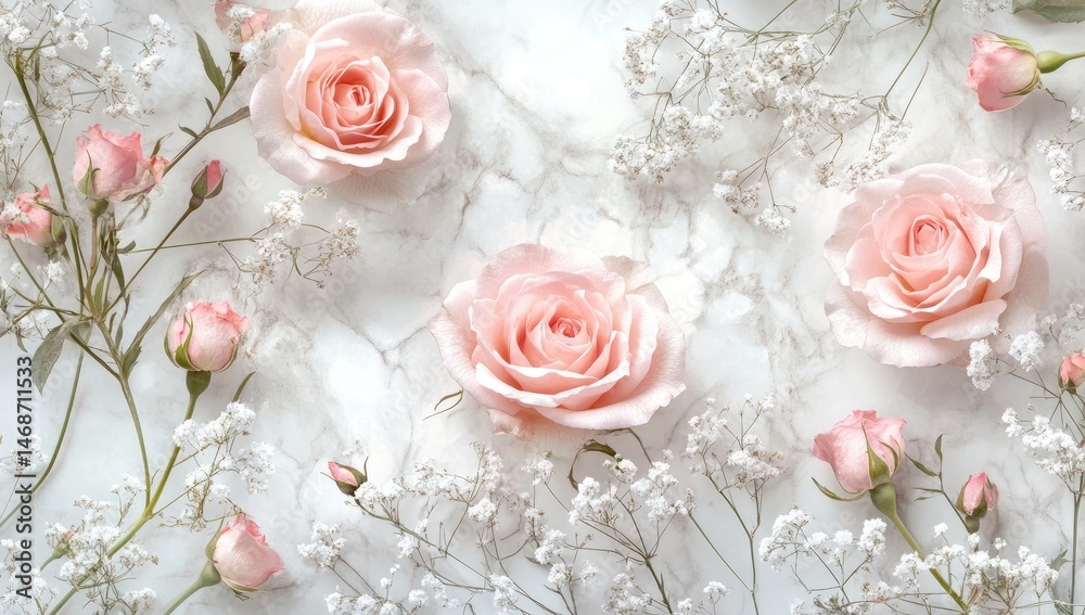 Delicate pink roses and baby's breath on marble (1)