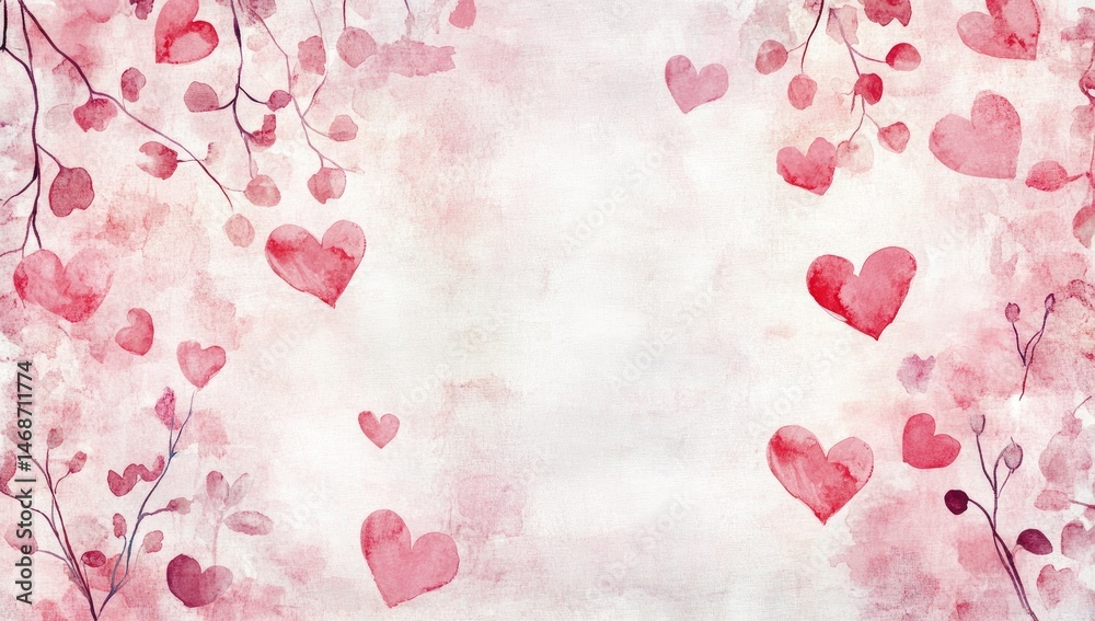 Watercolor hearts and branches; romantic, delicate design