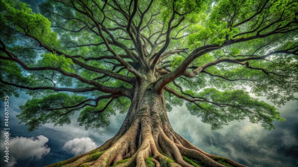 Fototapeta premium A large tree trunk with a dark green