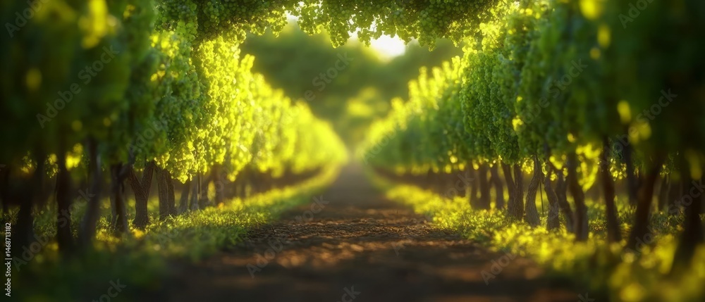 Fototapeta premium A sun-drenched vineyard path through lush green foliage.