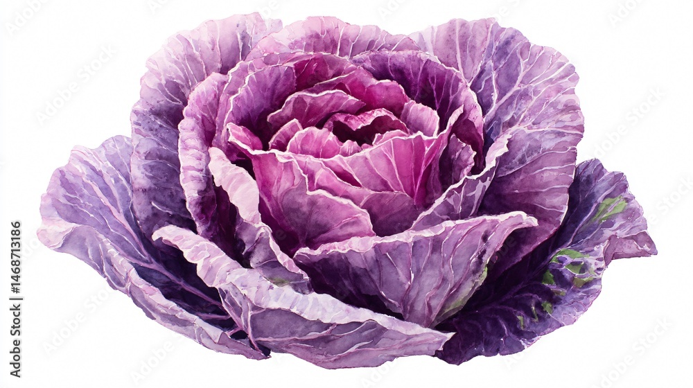 Obraz premium Watercolor Purple Cabbage Illustration | Vibrant Red Cabbage Clipart | Botanical Leafy Vegetable Art – White Background