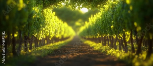 A sun-drenched vineyard path through lush green foliage.