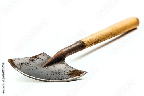 Close-up of a vintage gardening hoe on white.