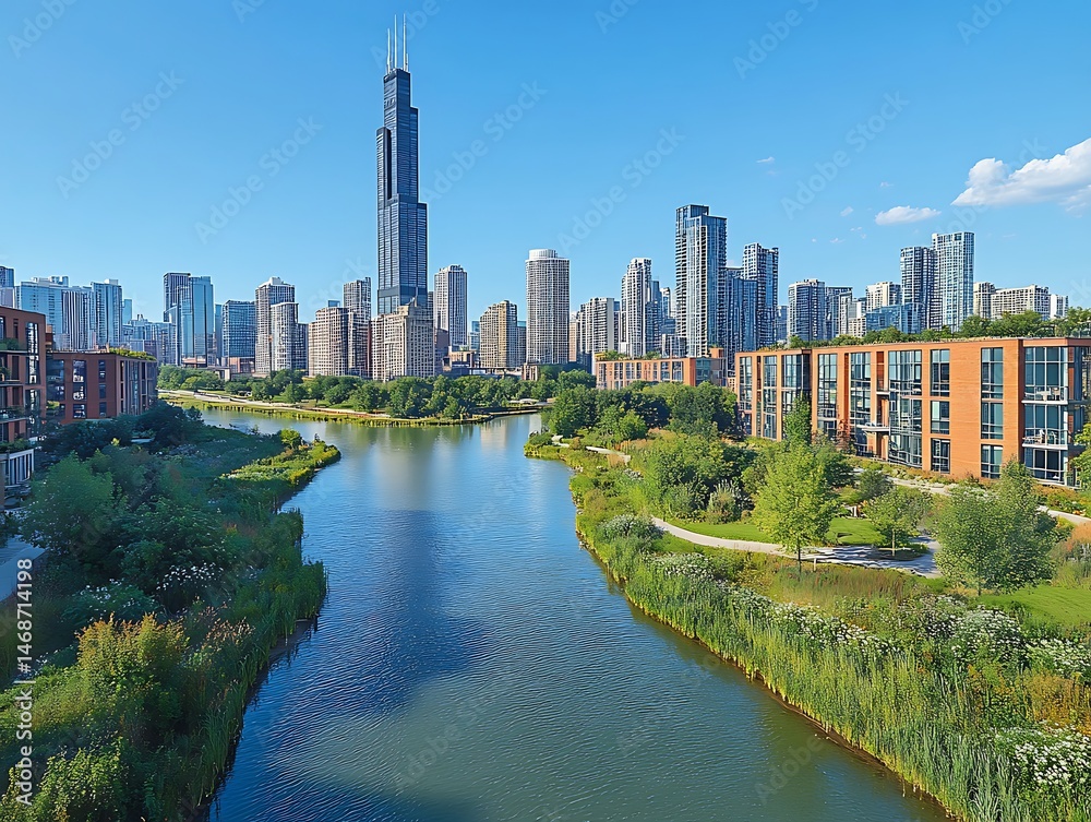 Fototapeta premium Majestic Chicago Skyline Reflected On Water high resolution image