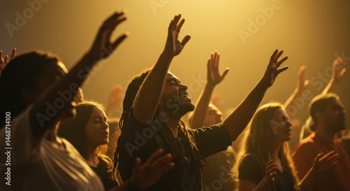 Worshipful crowd raises hands