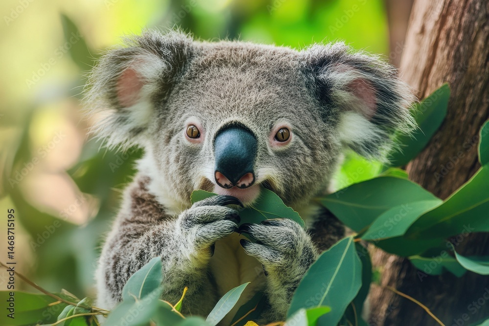 Fototapeta premium Koala bear enjoying gum tree leaves in the Australian bush during daylight, Close up Koala Bear eating gum tree leaves Australia wild nature background