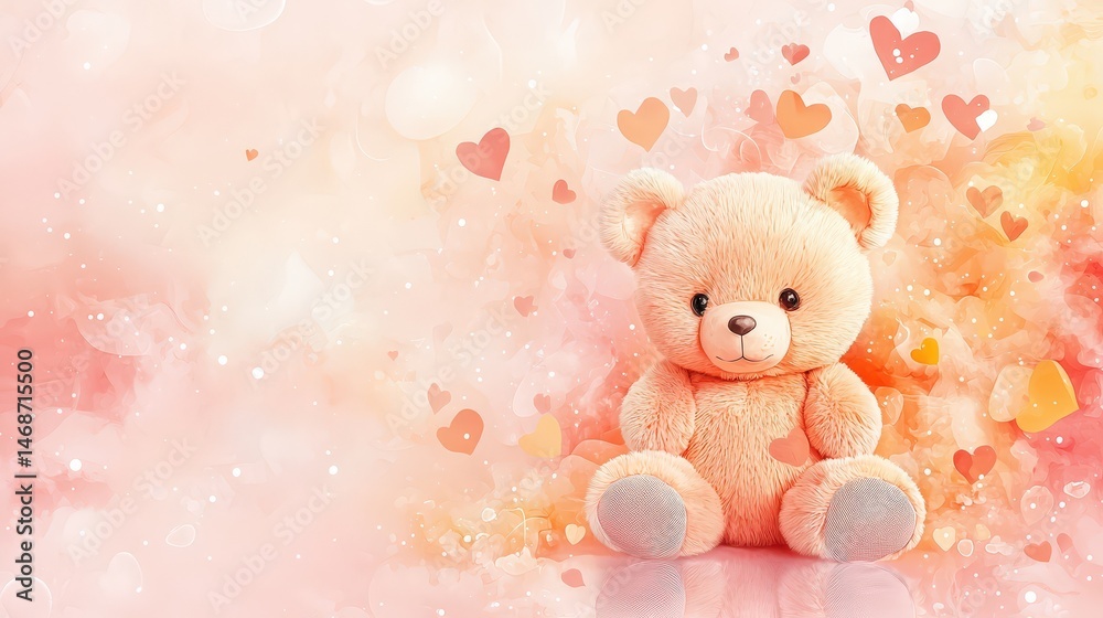Fototapeta premium Minimal teddy bear drawn in smoky pastel peach, abstract cubism shapes on a soft glowing background