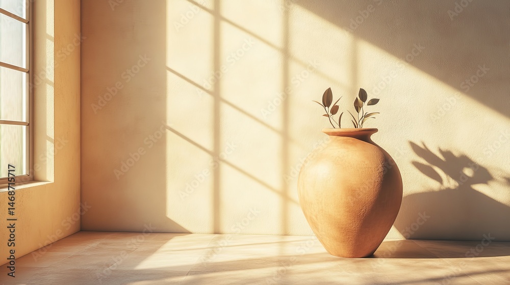 Obraz premium Handcrafted clay vase with silhouette design on floor by minimalist wall and window