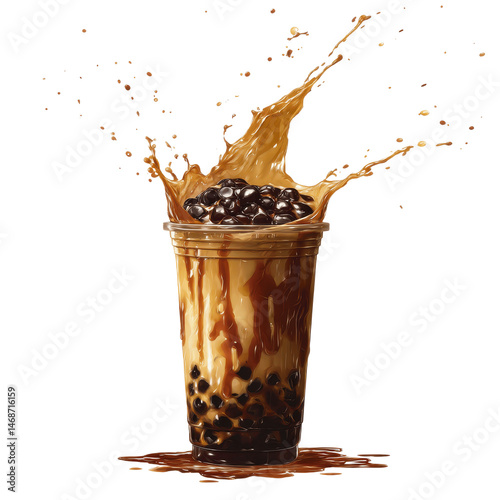 Refreshing Brown Sugar Boba Tea Splash in Plastic Cup
