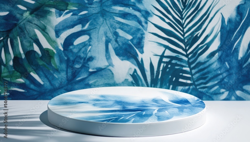 Oval display platform with blue tropical leaf design against a matching backdrop
