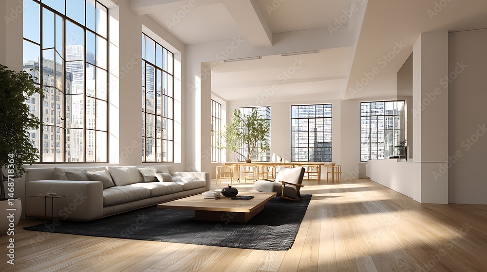 Fototapeta premium Spacious modern interior with high ceilings and large windows in a quiet setting