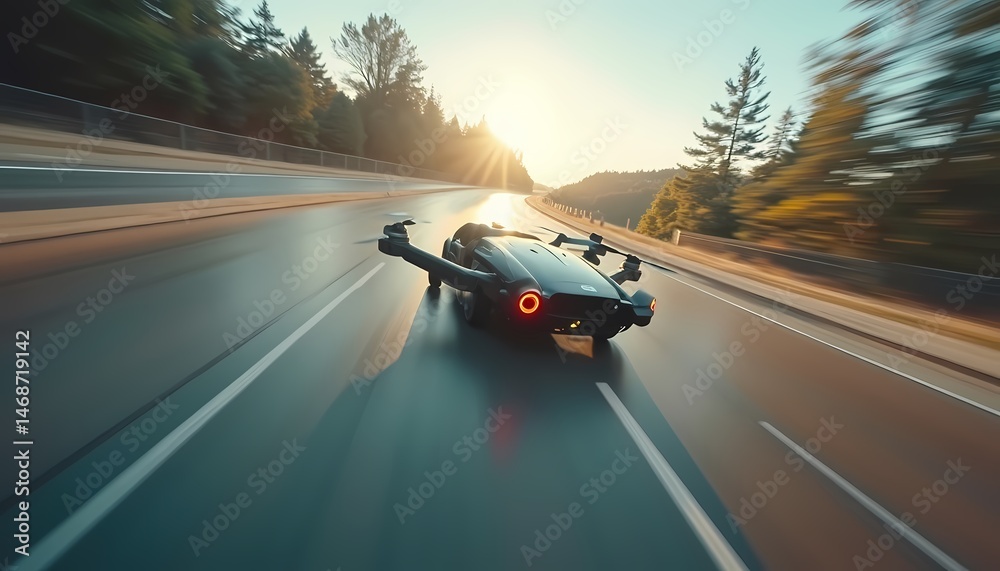 Fototapeta premium Futuristic Flying Car on Road