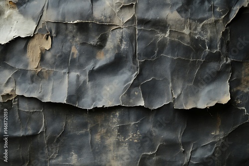 Close-up of a weathered and cracked black surface with peeling layers creating a rough textured abstract pattern