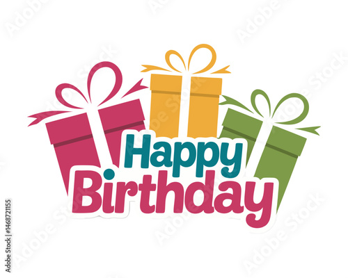Colorful Gift Box Illustration with Happy Birthday Typography for a Festive and Joyful Greeting