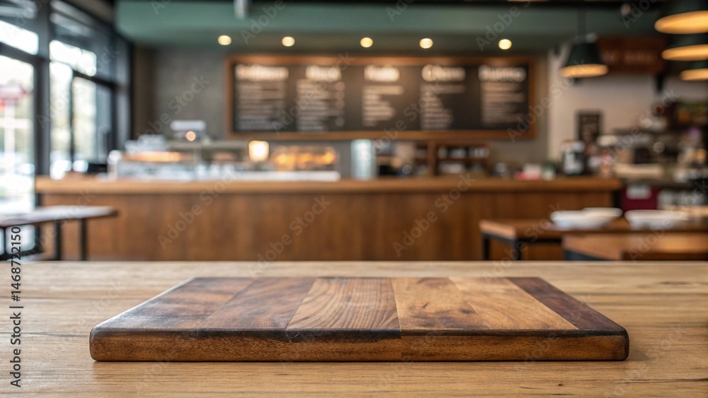Fototapeta premium Empty wooden table space platform and blurry defocused restaurant interior, Vintage tone