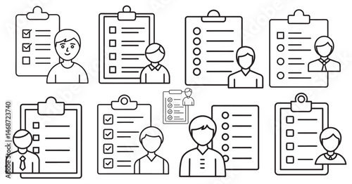 Line icon set of employee profile with checklist on white background