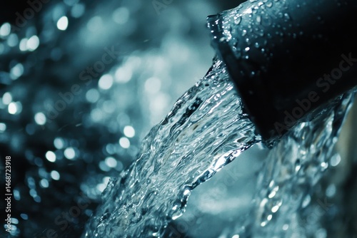 Water flows out of a pipe in a close up shot, creating rippling effects and dynamic reflections, Close up, tilt shot of water pouring out of pipe