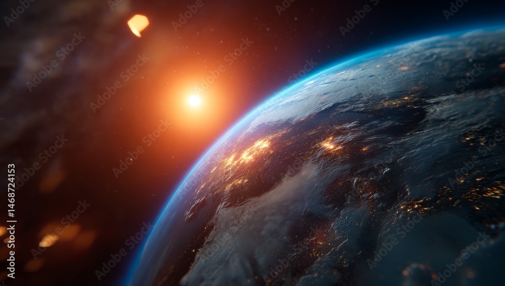 Obraz premium View of Earth from Space with Glowing Lights on the Horizon