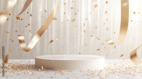 Elegant, celebratory podium with gold confetti and ribbons