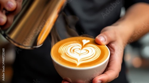 Closeup of Skilled Barista Pouring Steamed Milk into Coffee in the hands