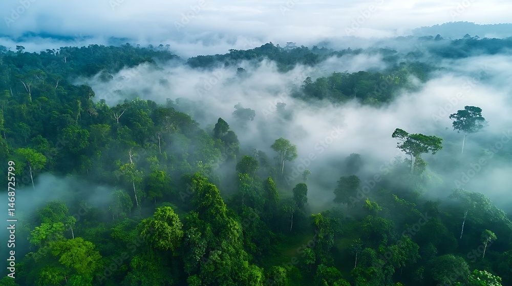 Fototapeta premium Misty morning over a dense tropical rainforest.
