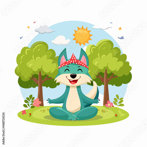 Cartoon dragon-wolf doing yoga in the park, peaceful background with trees and flowers, 
wearing a headband, cute and relaxing pose
