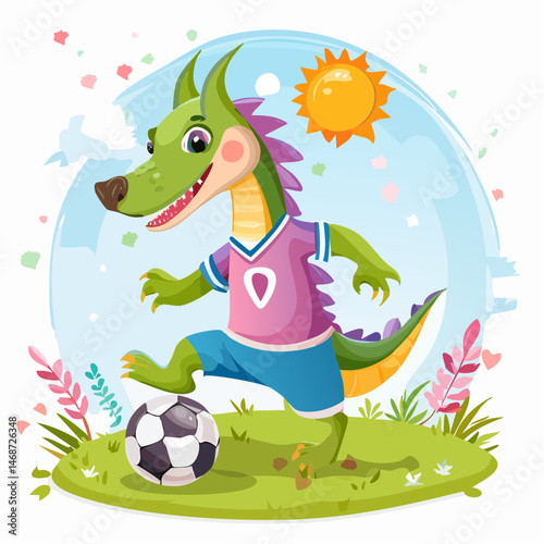 Cartoon dragon-wolf hybrid playing soccer in a grassy field, 
wearing a colorful sports jersey