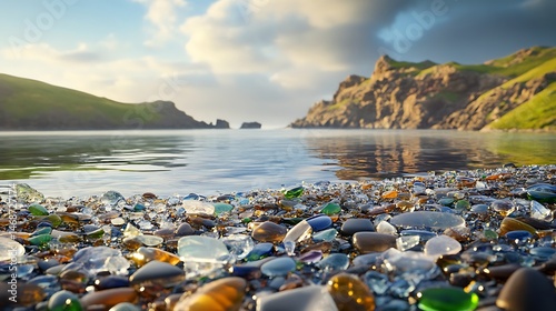 Coastal landscape with a beach of colorful glass pebbles.