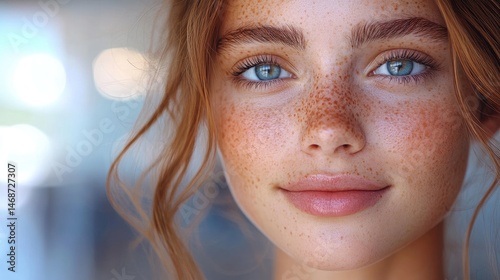 Close-up portrait of a young woman with freckles.  Natural beauty, healthy skin, and light blue eyes