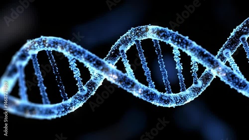 Futuristic background concept with glowing DNA helix and sci-fi theme. A glowing blue representation of a DNA double helix appears against a dark background