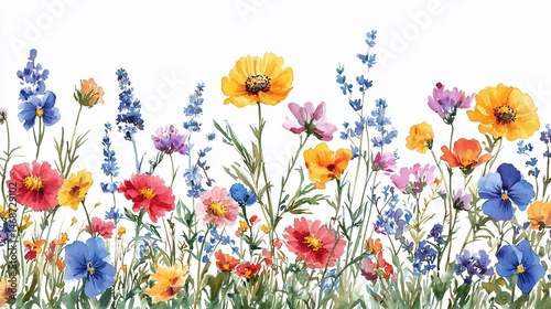 Colorful wildflowers meadow, summer bloom, nature border, white background, design element