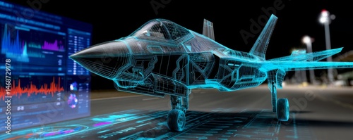 F-35 Fighter Jet Wireframe Hologram with Airfield Data Visualization