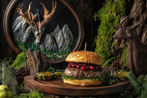 Gourmet burger presented on a rustic wooden platter.
