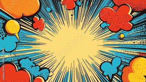 Comic book explosion background, bright rays, speech bubbles