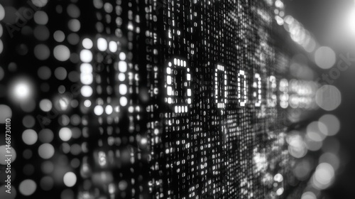 Abstract Binary Code Matrix Wall in Monochrome with Bokeh Background Data and Zero One Numbers Digital Information Technology and Cybersecurity Concept